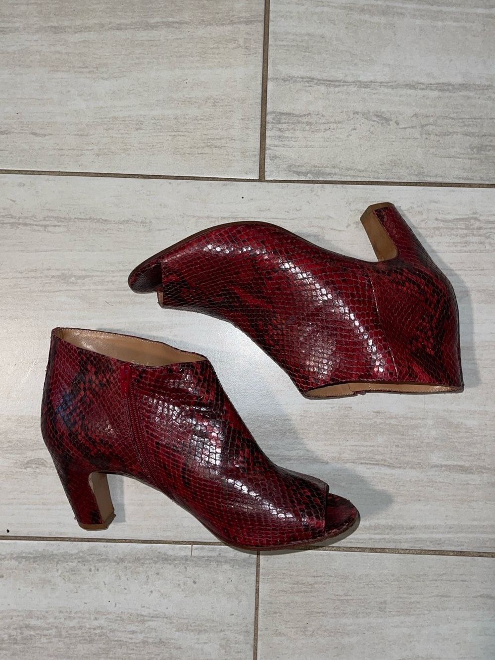 Maison Margiela Red Snake-Embossed Ankle Peep-Toe Heeled Booties